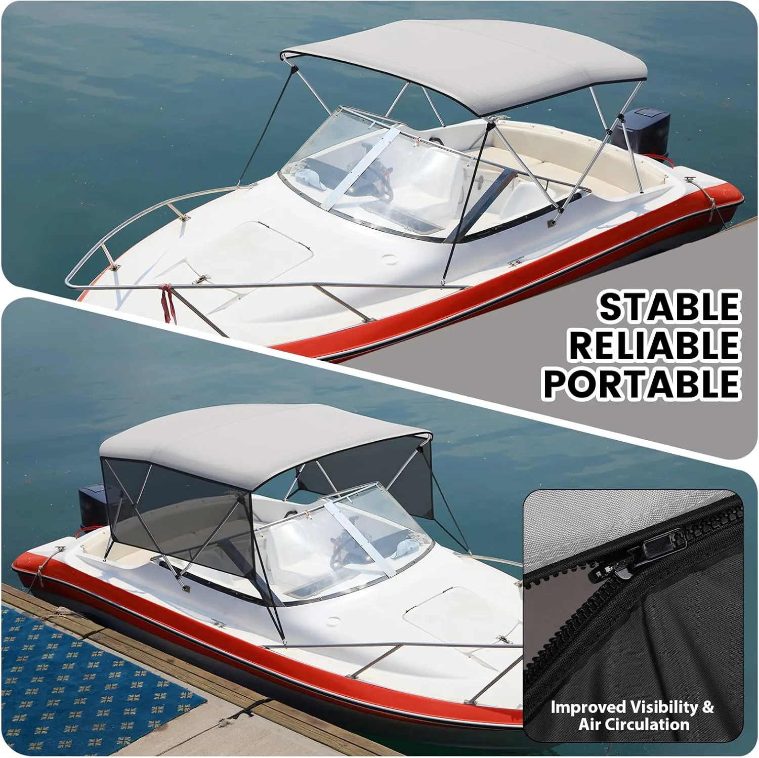GAOMON 3 Bow Bimini Tops with Mesh Sidewalls Support Poles for Boats Durable Marine Grade Canvas Top Includes 2 Straps Storage Boot 1 Inch Aluminum Frame (3 Bow 6'L x 46" H x 73"-78" W)