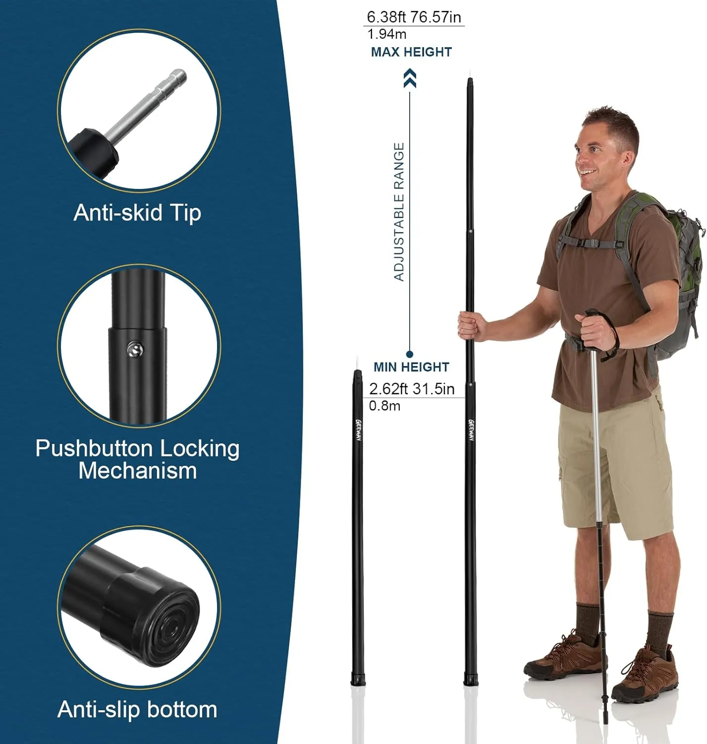 GEEWAY 2 Pcs 77 Inch Tarp Poles for Camping, Heavy Duty Telescoping Tent Pole, Aluminum Adjustable Tent Poles for Outdoor Activity, Wilderness Adventure and RV Travel (Black)