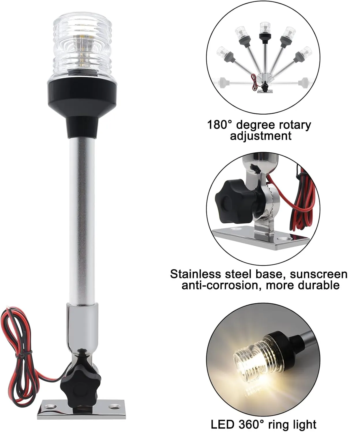 Geloo 12 Inch Navigation Lights - Fold Down Stern & Anchor Lights for Pontoon, Fishing Boat & Yacht - All Round 360 Illumination - 3 Nautical Mile