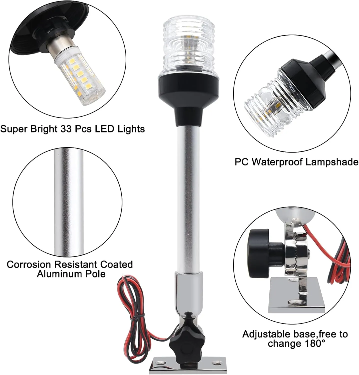 Geloo 12 Inch Navigation Lights - Fold Down Stern & Anchor Lights for Pontoon, Fishing Boat & Yacht - All Round 360 Illumination - 3 Nautical Mile