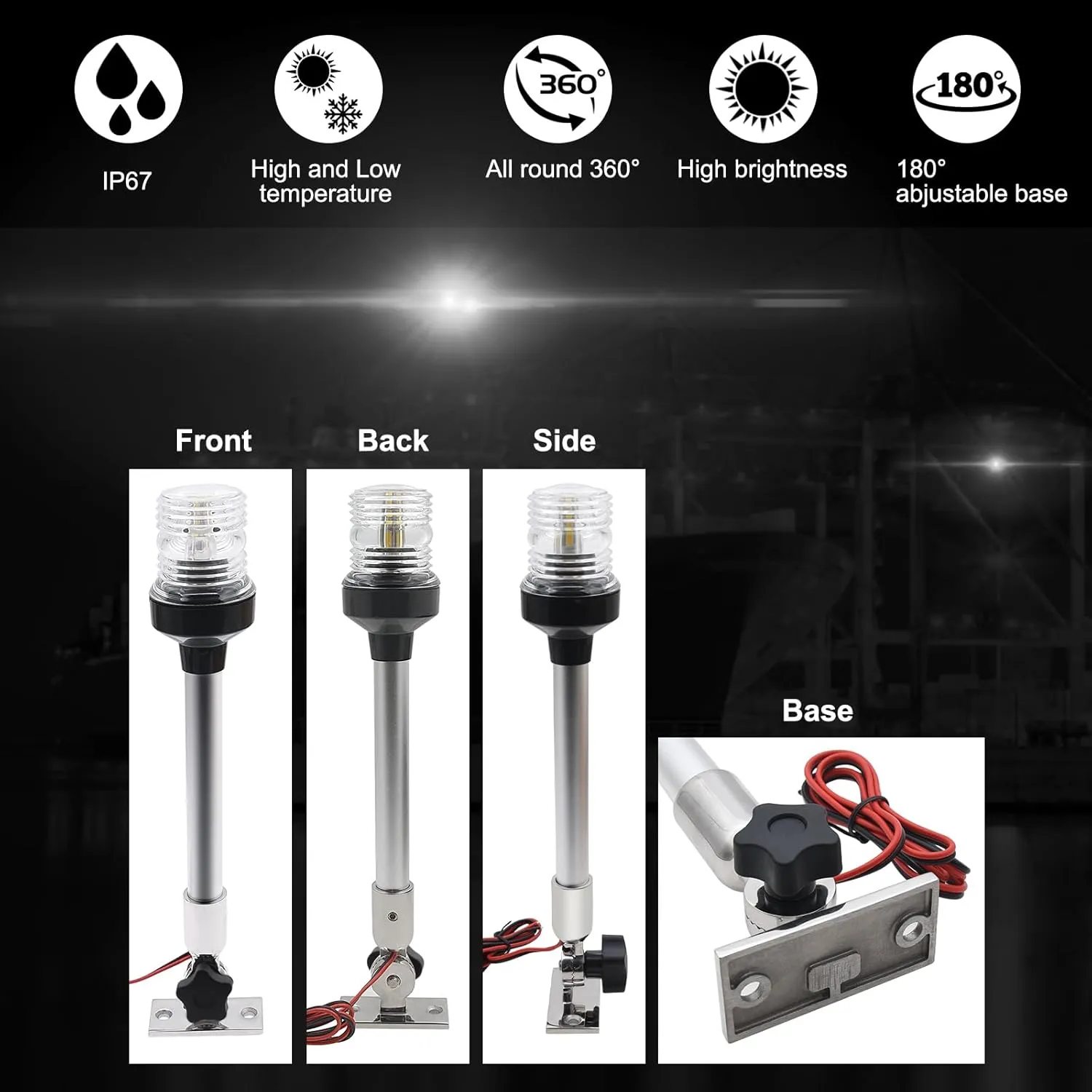 Geloo 12 Inch Navigation Lights - Fold Down Stern & Anchor Lights for Pontoon, Fishing Boat & Yacht - All Round 360 Illumination - 3 Nautical Mile
