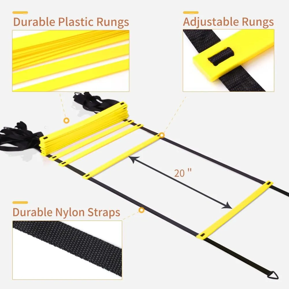 GHB Agility Ladder,Football Training Equipment Set, 6 Agility Poles, 20 feet12 Rungs Speed Ladder, 12 Disc Cones, Resistance Parachute, Jump Rope, 4 Resistance Bands (Yellow)