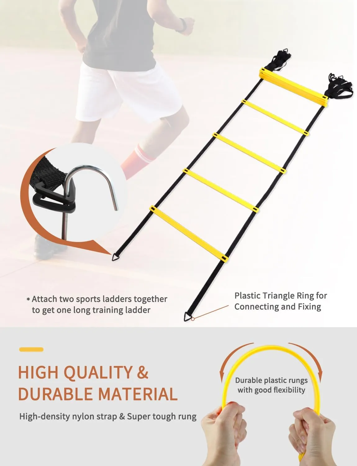GHB Agility Ladder,Football Training Equipment Set, 6 Agility Poles, 20 feet12 Rungs Speed Ladder, 12 Disc Cones, Resistance Parachute, Jump Rope, 4 Resistance Bands (Yellow)