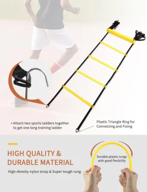 GHB Agility Ladder,Football Training Equipment Set, 6 Agility Poles, 20 feet12 Rungs Speed Ladder, 12 Disc Cones, Resistance Parachute, Jump Rope, 4 Resistance Bands (Yellow)