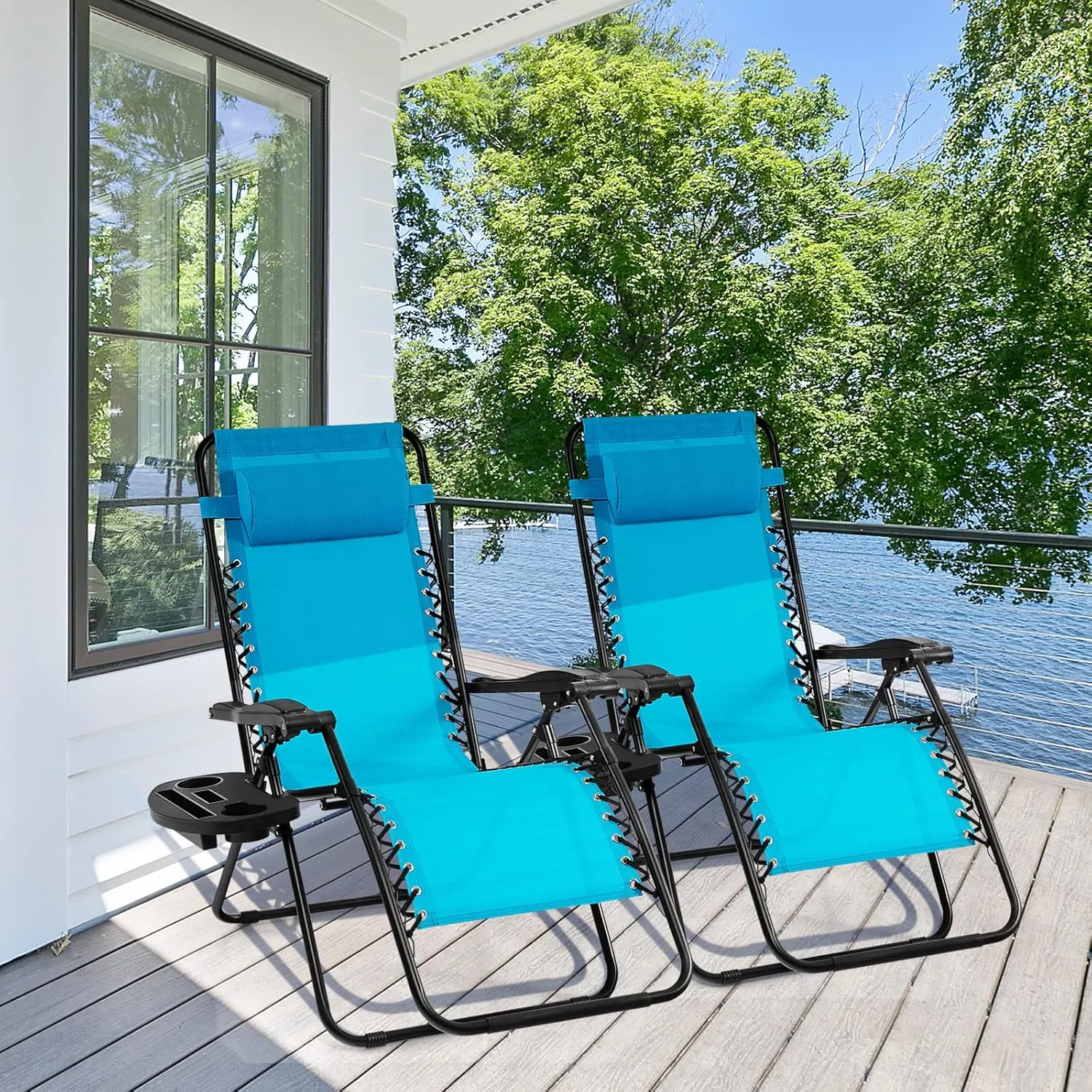 Giantex 2 PCS Zero Gravity Chair, Outdoor Chaise Lounge with Cup Holder, Patio Folding Chairs Recliner for Yard Pool Lawn Balcony, Blue