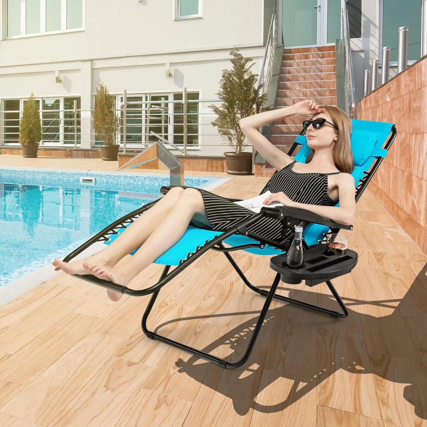 Giantex 2 PCS Zero Gravity Chair, Outdoor Chaise Lounge with Cup Holder, Patio Folding Chairs Recliner for Yard Pool Lawn Balcony, Blue