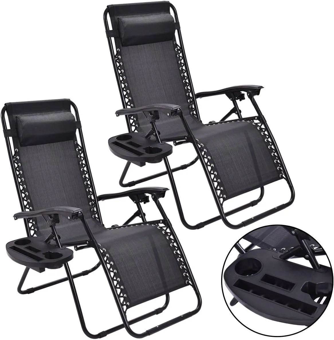 Giantex 2 PCS Zero Gravity Chair Patio Chaise Lounge Chairs Outdoor Yard Pool Recliner Folding Lounge Chair with Cup Holder (Black)