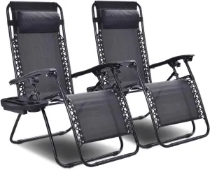 Giantex 2 PCS Zero Gravity Chair Patio Chaise Lounge Chairs Outdoor Yard Pool Recliner Folding Lounge Chair with Cup Holder (Black)
