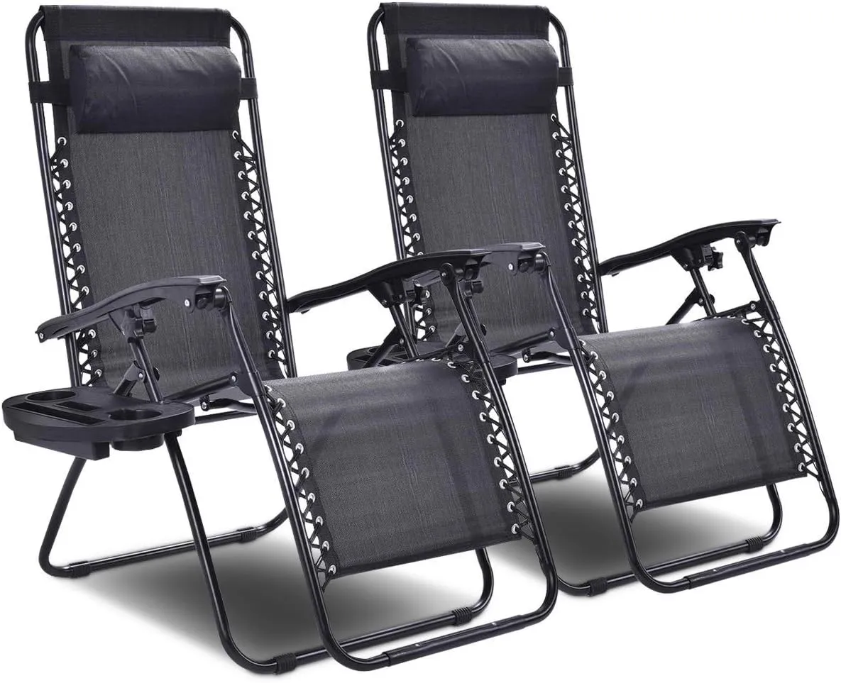 Giantex 2 PCS Zero Gravity Chair Patio Chaise Lounge Chairs Outdoor Yard Pool Recliner Folding Lounge Chair with Cup Holder (Black)