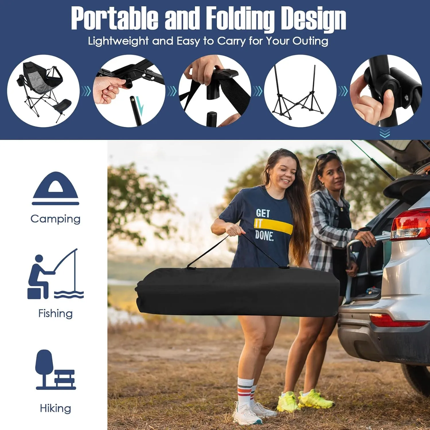 Giantex Outdoor Hammock Camping Chair - Rocking Chair with Removable Footrest, Adjustable Backrest, Pillow, Cup Holder, Storage Bag, Portable Fishing Chair for Poolside Patio Folding Chair (2, Black)