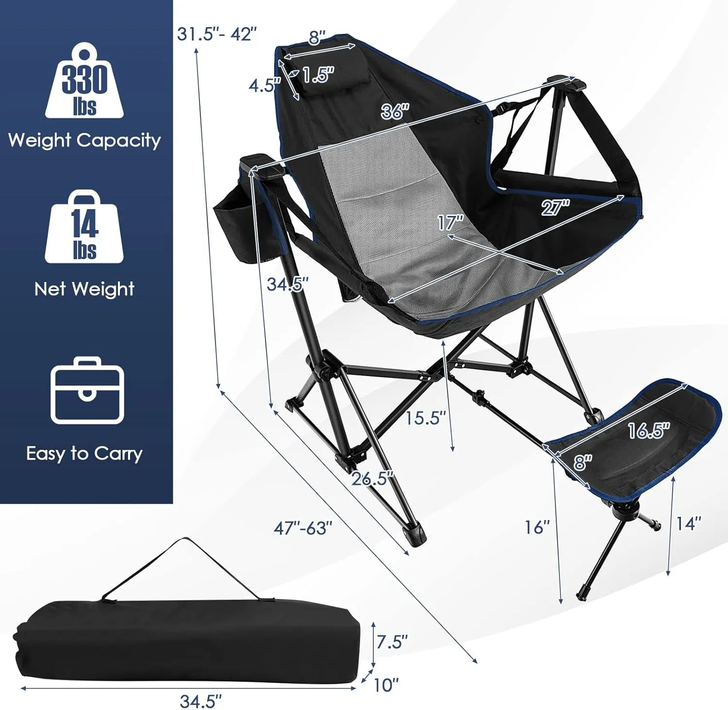 Giantex Outdoor Hammock Camping Chair - Rocking Chair with Removable Footrest, Adjustable Backrest, Pillow, Cup Holder, Storage Bag, Portable Fishing Chair for Poolside Patio Folding Chair (2, Black)