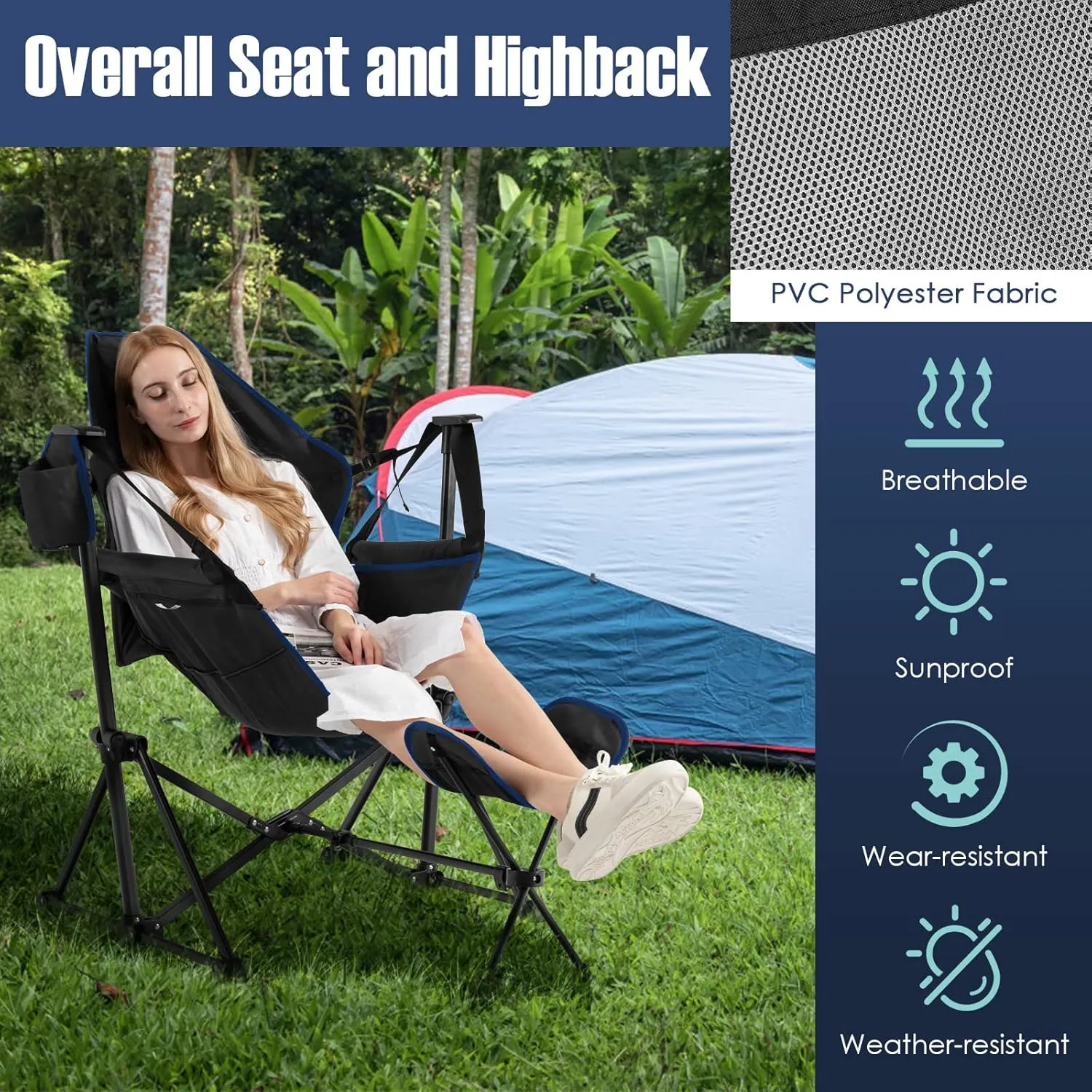 Giantex Outdoor Hammock Camping Chair - Rocking Chair with Removable Footrest, Adjustable Backrest, Pillow, Cup Holder, Storage Bag, Portable Fishing Chair for Poolside Patio Folding Chair (2, Black)