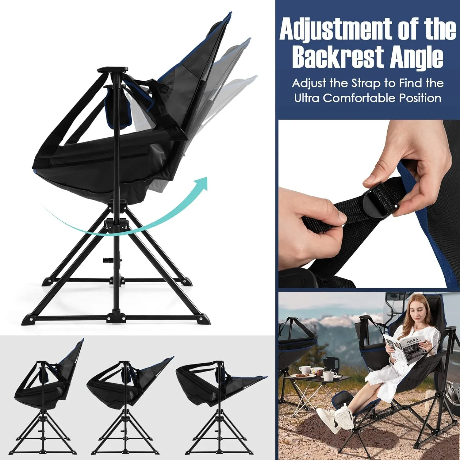 Giantex Outdoor Hammock Camping Chair - Rocking Chair with Removable Footrest, Adjustable Backrest, Pillow, Cup Holder, Storage Bag, Portable Fishing Chair for Poolside Patio Folding Chair (2, Black)