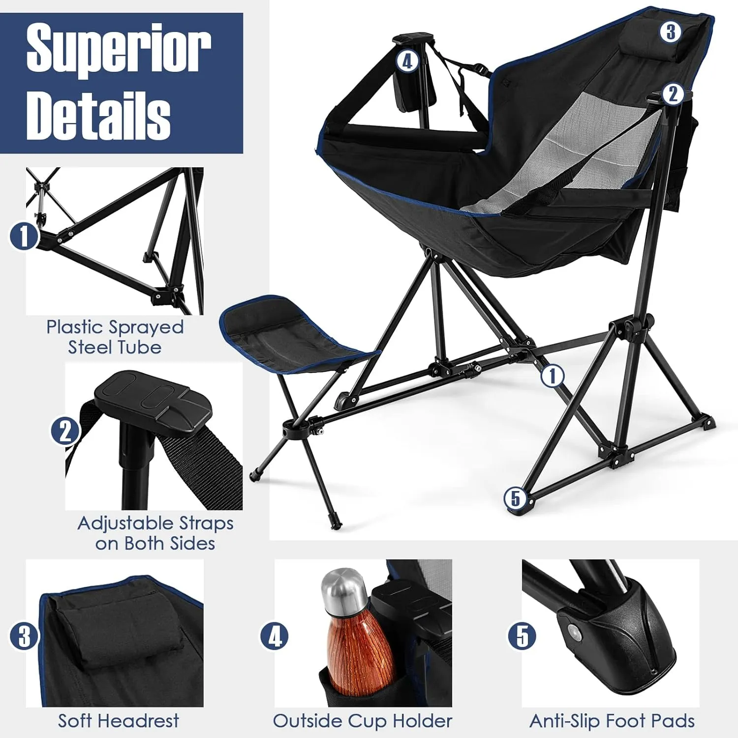 Giantex Outdoor Hammock Camping Chair - Rocking Chair with Removable Footrest, Adjustable Backrest, Pillow, Cup Holder, Storage Bag, Portable Fishing Chair for Poolside Patio Folding Chair (2, Black)
