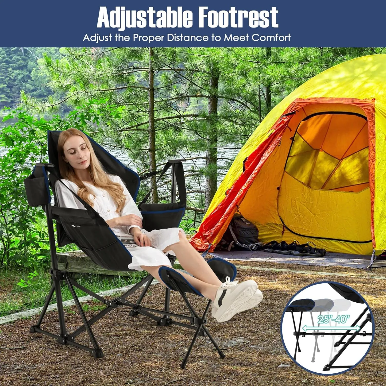 Giantex Outdoor Hammock Camping Chair - Rocking Chair with Removable Footrest, Adjustable Backrest, Pillow, Cup Holder, Storage Bag, Portable Fishing Chair for Poolside Patio Folding Chair (2, Black)