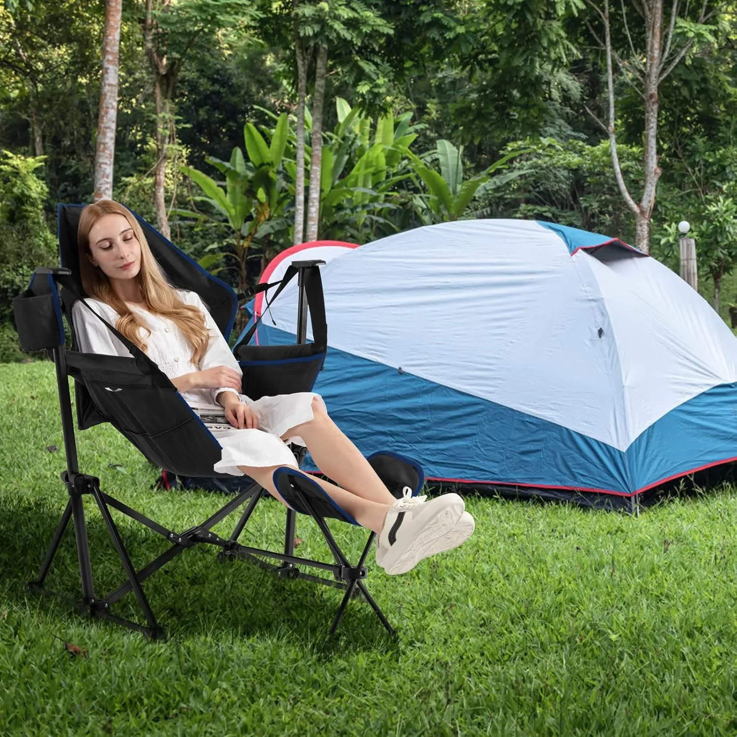 Giantex Outdoor Hammock Camping Chair - Rocking Chair with Removable Footrest, Adjustable Backrest, Pillow, Cup Holder, Storage Bag, Portable Fishing Chair for Poolside Patio Folding Chair (2, Black)