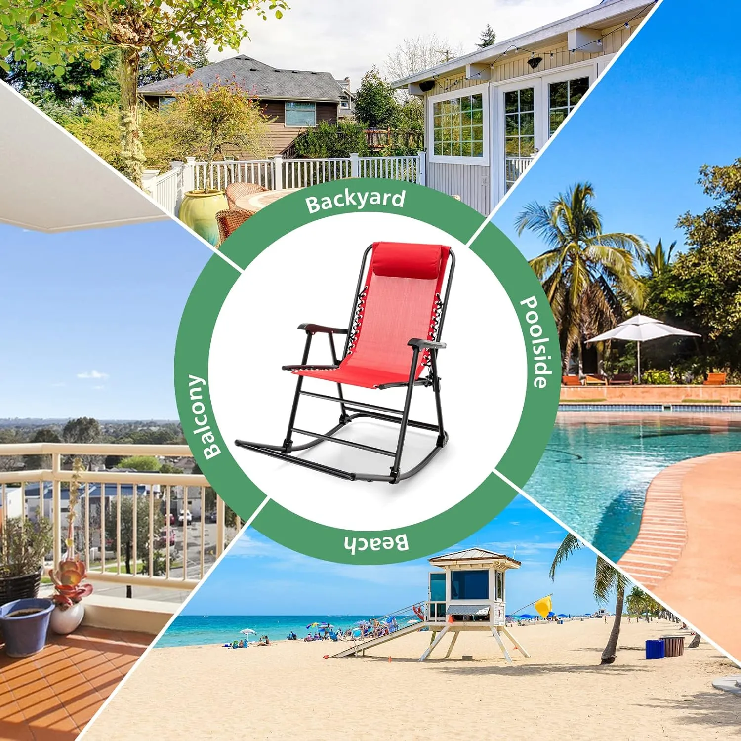 Giantex Outdoor Rocking Chair, Folding Patio Rocker w/Pillow, High Back Ergonomic Armrests & Footrest, Zero Gravity Rocker, Foldable Rocking Camping Chair for Lawn Beach Backyard Garden(1, Red)