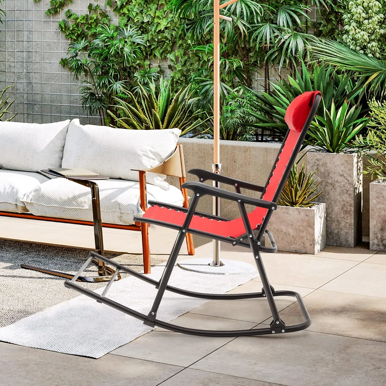 Giantex Outdoor Rocking Chair, Folding Patio Rocker w/Pillow, High Back Ergonomic Armrests & Footrest, Zero Gravity Rocker, Foldable Rocking Camping Chair for Lawn Beach Backyard Garden(1, Red)