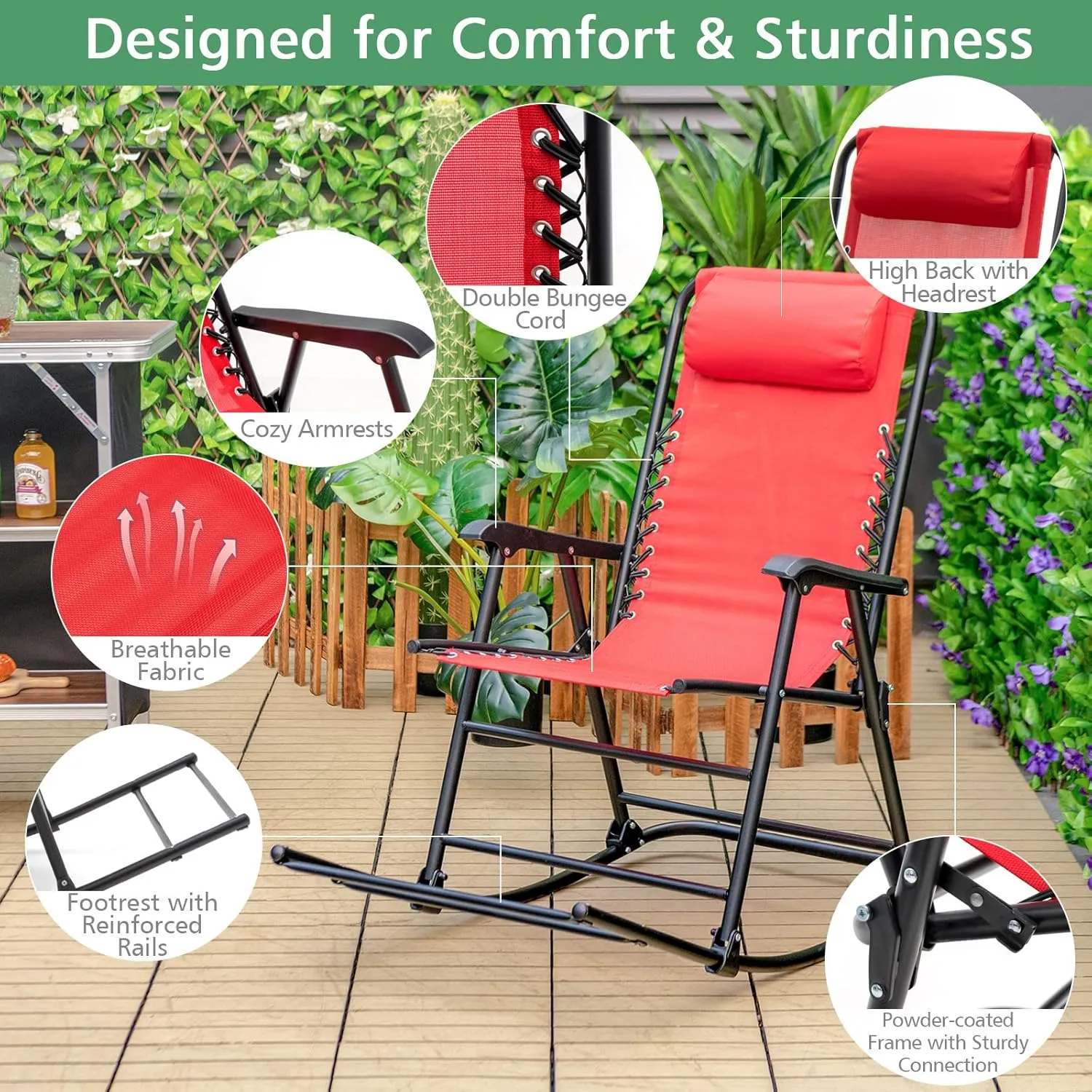 Giantex Outdoor Rocking Chair, Folding Patio Rocker w/Pillow, High Back Ergonomic Armrests & Footrest, Zero Gravity Rocker, Foldable Rocking Camping Chair for Lawn Beach Backyard Garden(1, Red)