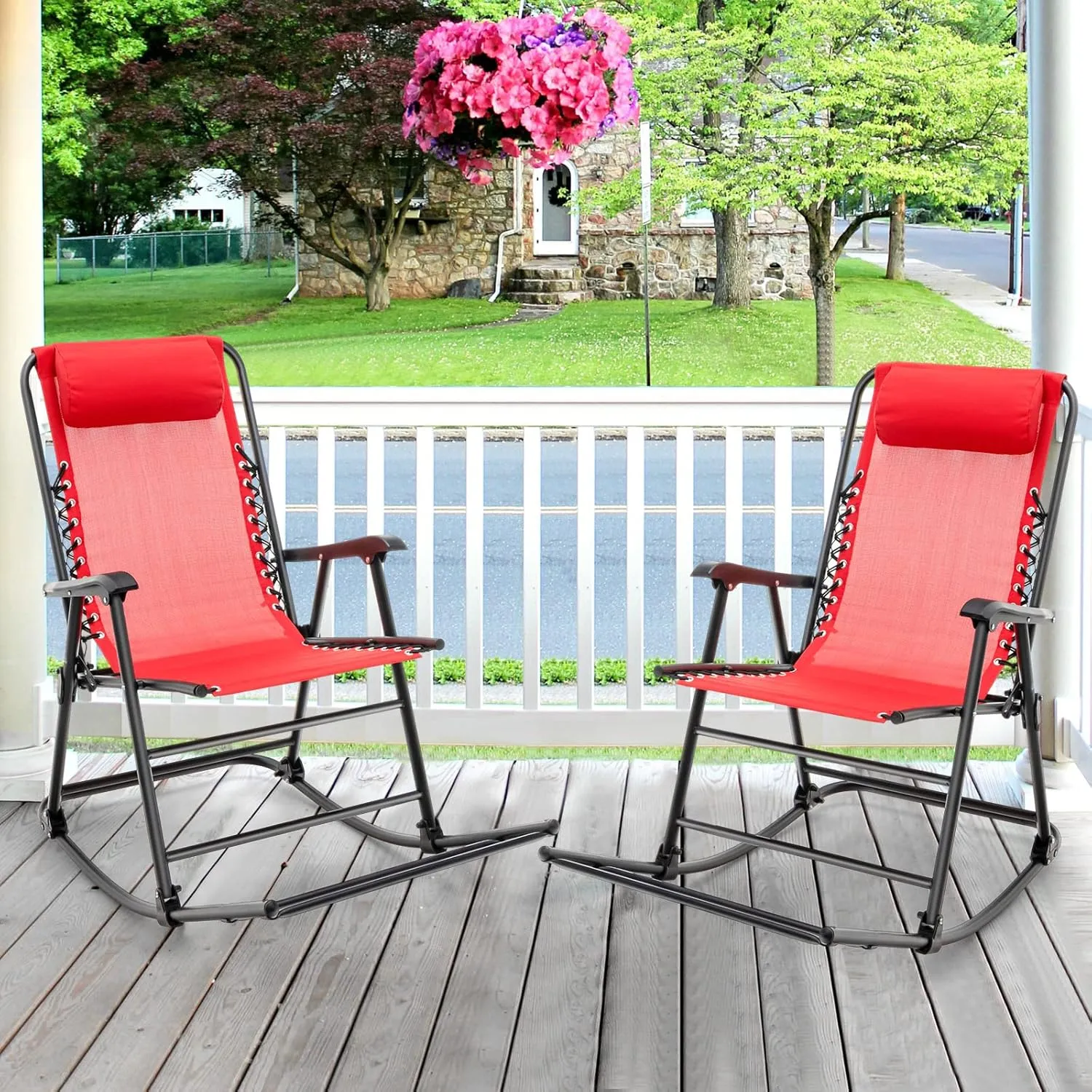 Giantex Outdoor Rocking Chair, Folding Patio Rocker w/Pillow, High Back Ergonomic Armrests & Footrest, Zero Gravity Rocker, Foldable Rocking Camping Chair for Lawn Beach Backyard Garden(1, Red)