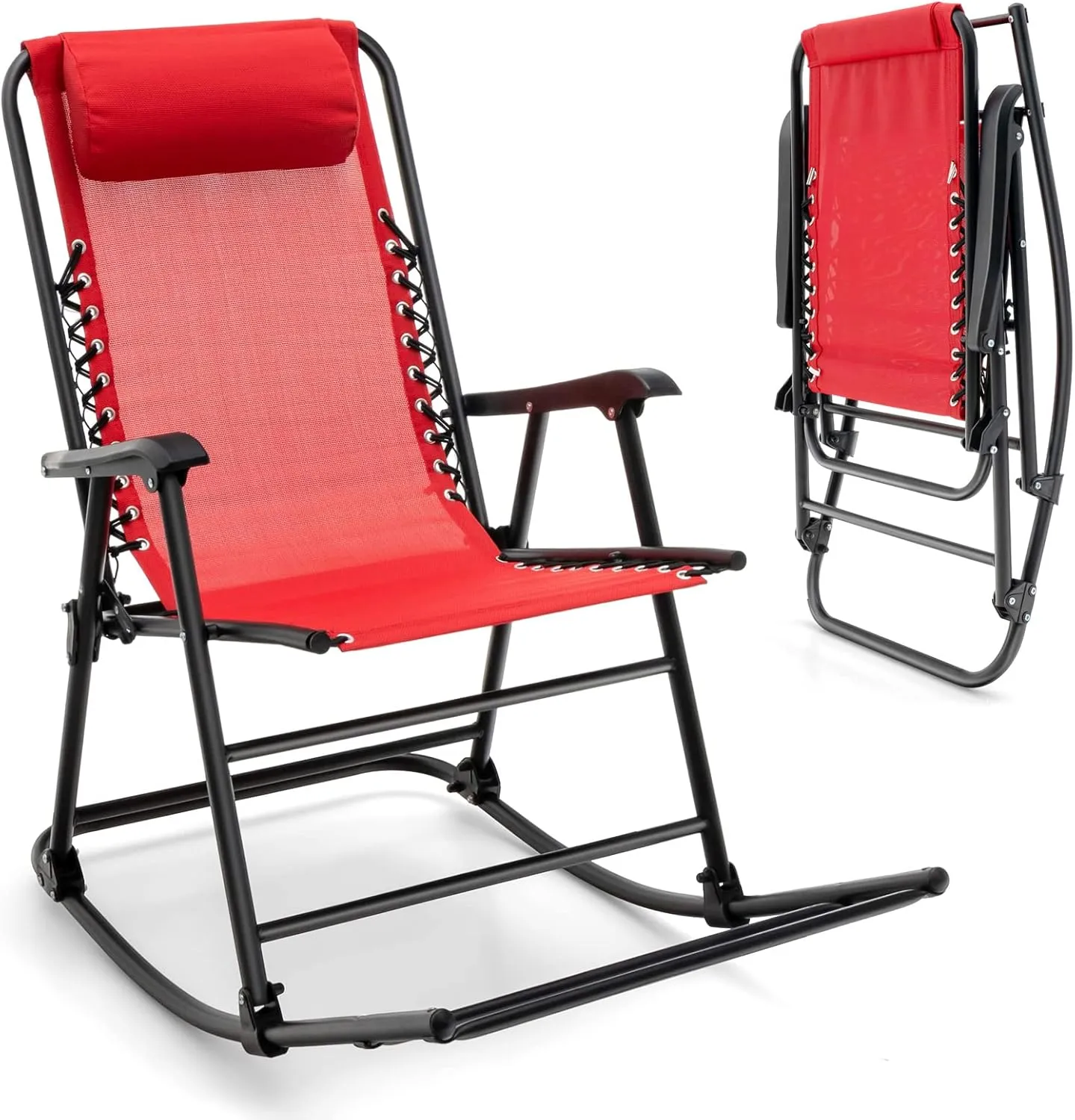 Giantex Outdoor Rocking Chair, Folding Patio Rocker w/Pillow, High Back Ergonomic Armrests & Footrest, Zero Gravity Rocker, Foldable Rocking Camping Chair for Lawn Beach Backyard Garden(1, Red)