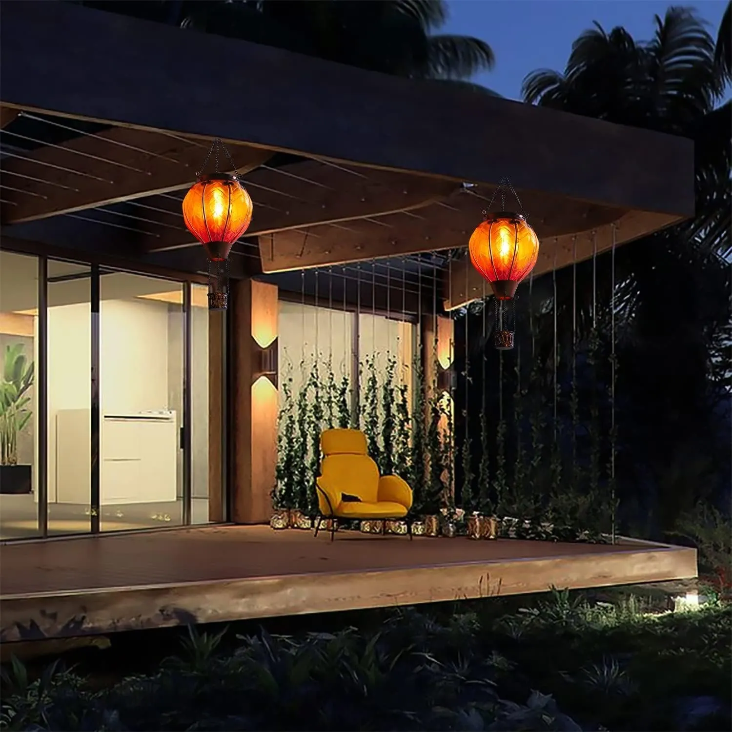 Gifts for Mothers Hot Air Balloon Solar Lantern with Flickering Flame Light Outdoor Solar Hanging Lights Waterproof for Garden Yard Farmhouse Patio Outside Decoration, Stained Glass Gradient Orange