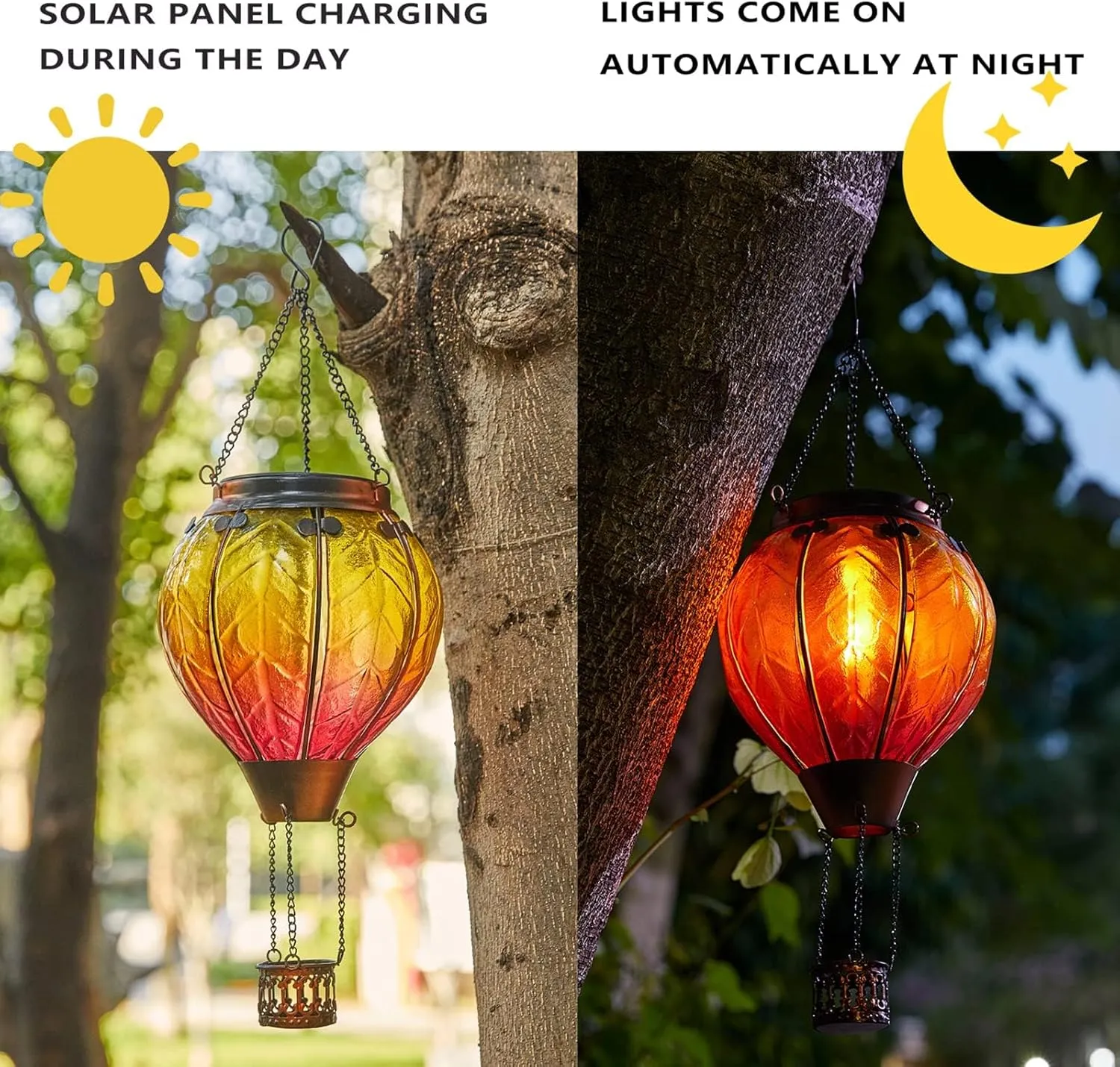 Gifts for Mothers Hot Air Balloon Solar Lantern with Flickering Flame Light Outdoor Solar Hanging Lights Waterproof for Garden Yard Farmhouse Patio Outside Decoration, Stained Glass Gradient Orange