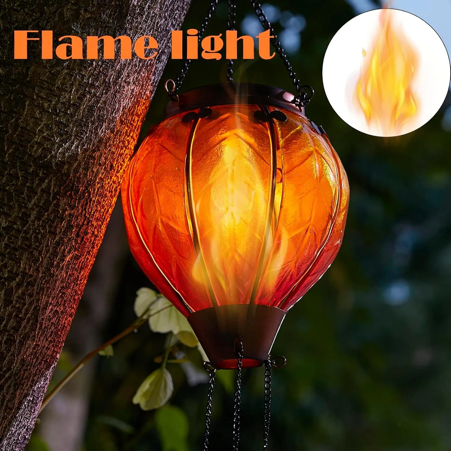 Gifts for Mothers Hot Air Balloon Solar Lantern with Flickering Flame Light Outdoor Solar Hanging Lights Waterproof for Garden Yard Farmhouse Patio Outside Decoration, Stained Glass Gradient Orange