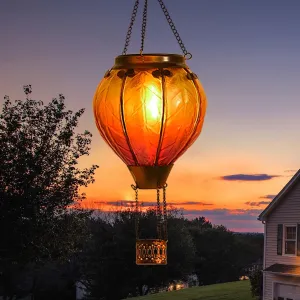 Gifts for Mothers Hot Air Balloon Solar Lantern with Flickering Flame Light Outdoor Solar Hanging Lights Waterproof for Garden Yard Farmhouse Patio Outside Decoration, Stained Glass Gradient Orange