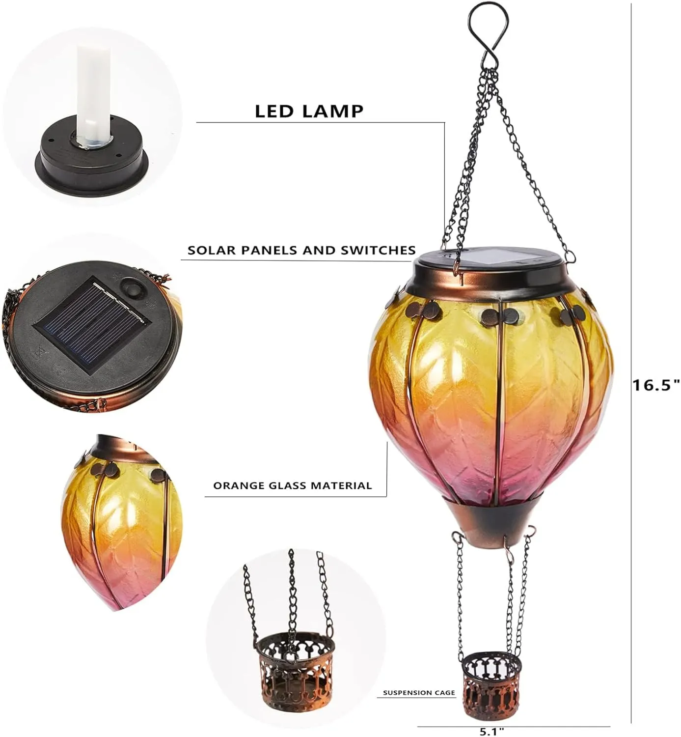 Gifts for Mothers Hot Air Balloon Solar Lantern with Flickering Flame Light Outdoor Solar Hanging Lights Waterproof for Garden Yard Farmhouse Patio Outside Decoration, Stained Glass Gradient Orange