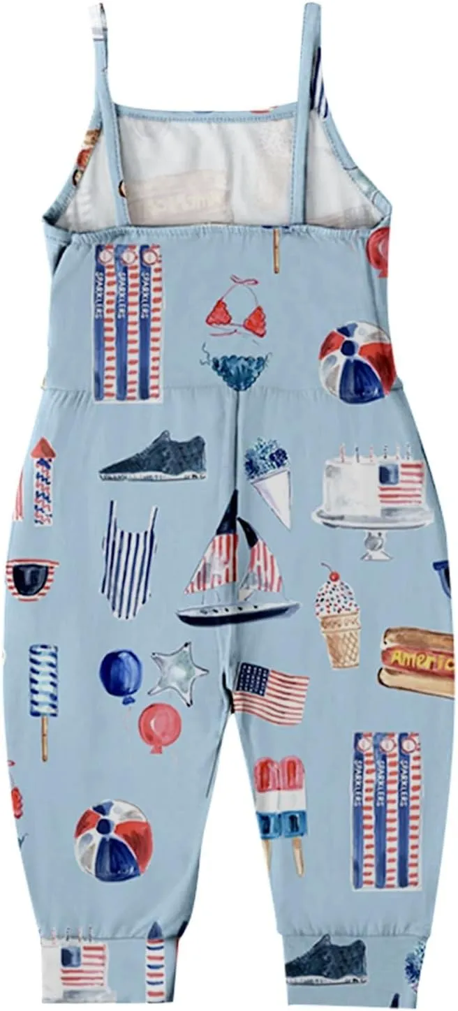 Girls Halte𝐫 Backless Romper Independence Day Star Print Strap Jumpsuit Overall Toddler Kids July 4th Clothes