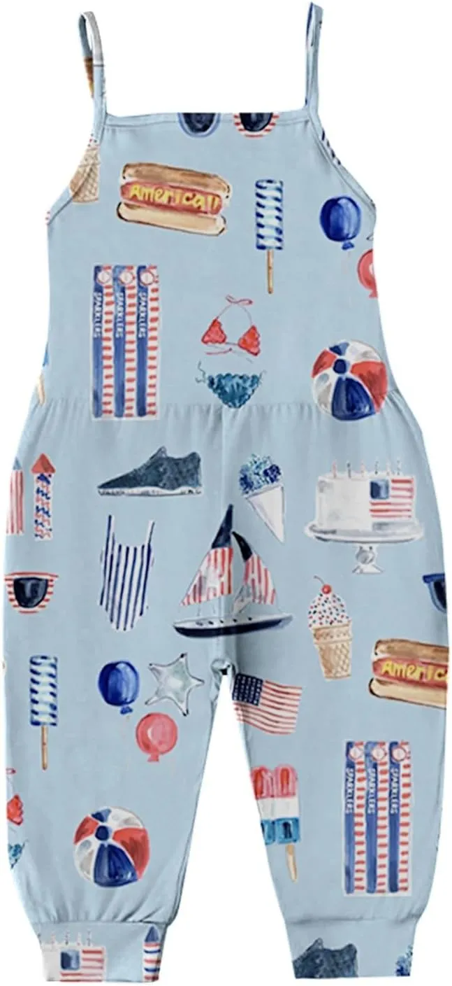 Girls Halte𝐫 Backless Romper Independence Day Star Print Strap Jumpsuit Overall Toddler Kids July 4th Clothes