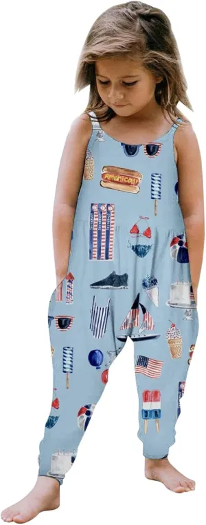 Girls Halte𝐫 Backless Romper Independence Day Star Print Strap Jumpsuit Overall Toddler Kids July 4th Clothes