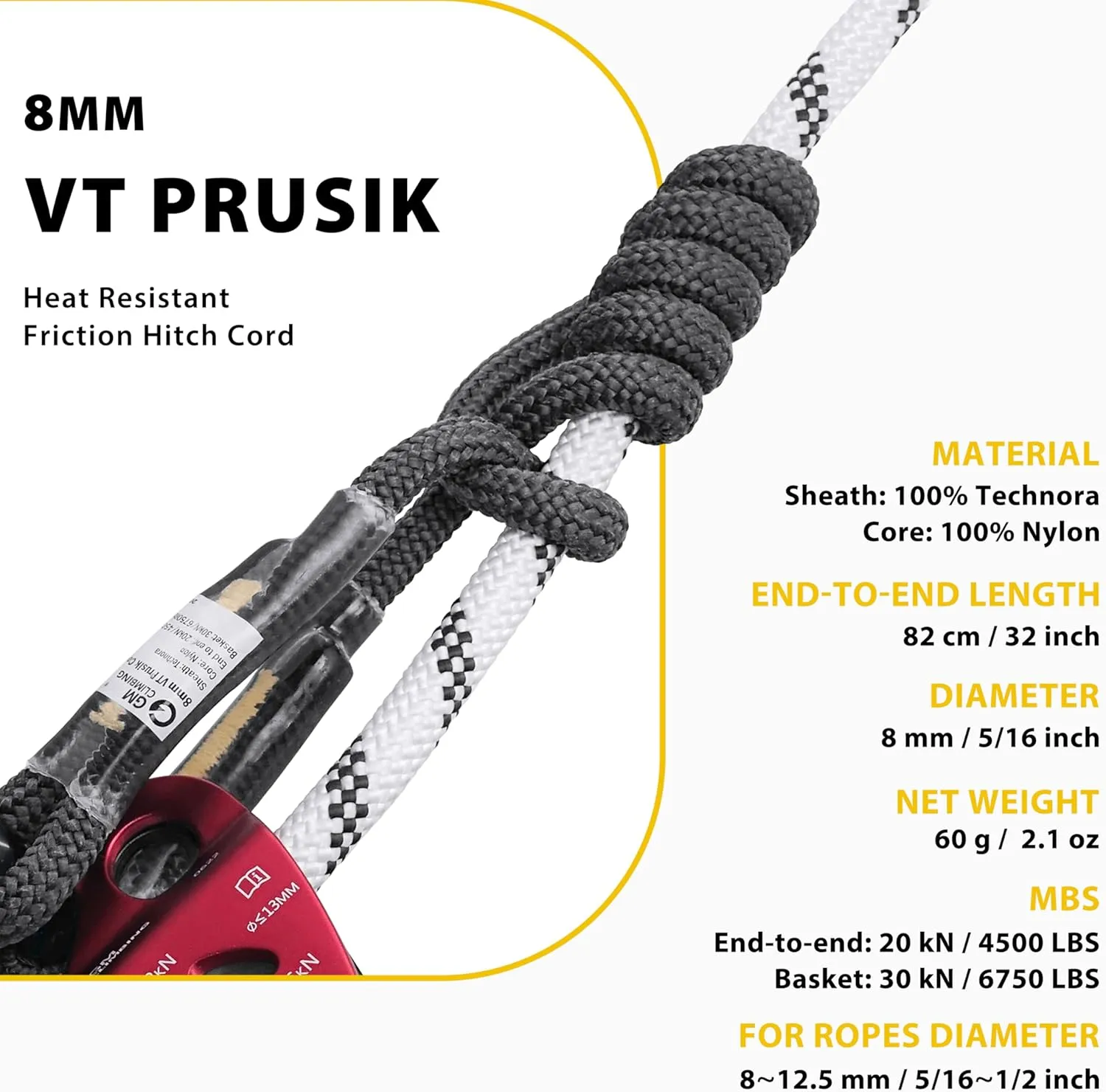 GM CLIMBING 32kN Double Tie-in Hitch Pulley CE UIAA Certified Hitch Tender Advance Prusiks for Arborist Tree Climbing Positioning Lanyards