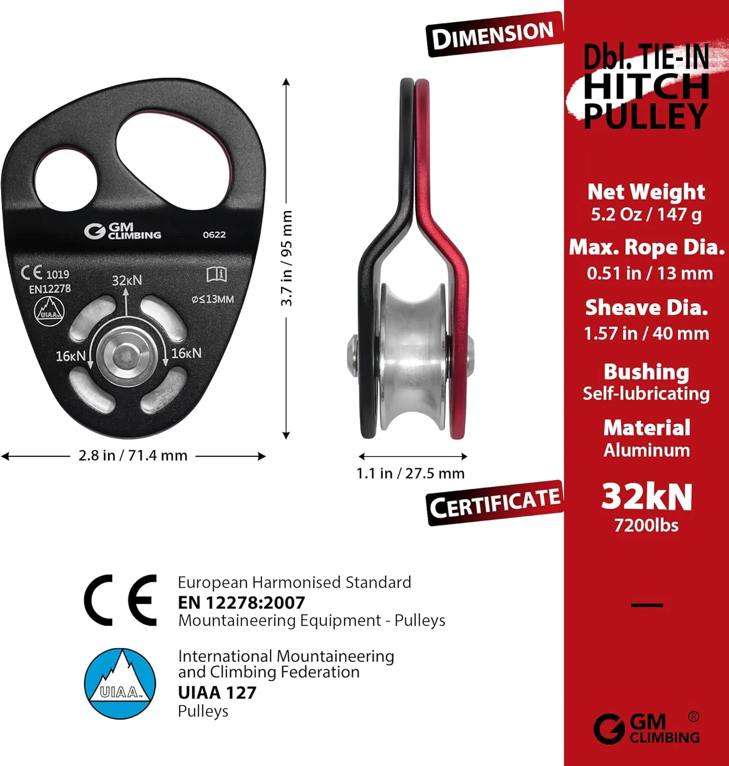 GM CLIMBING 32kN Double Tie-in Hitch Pulley CE UIAA Certified Hitch Tender Advance Prusiks for Arborist Tree Climbing Positioning Lanyards
