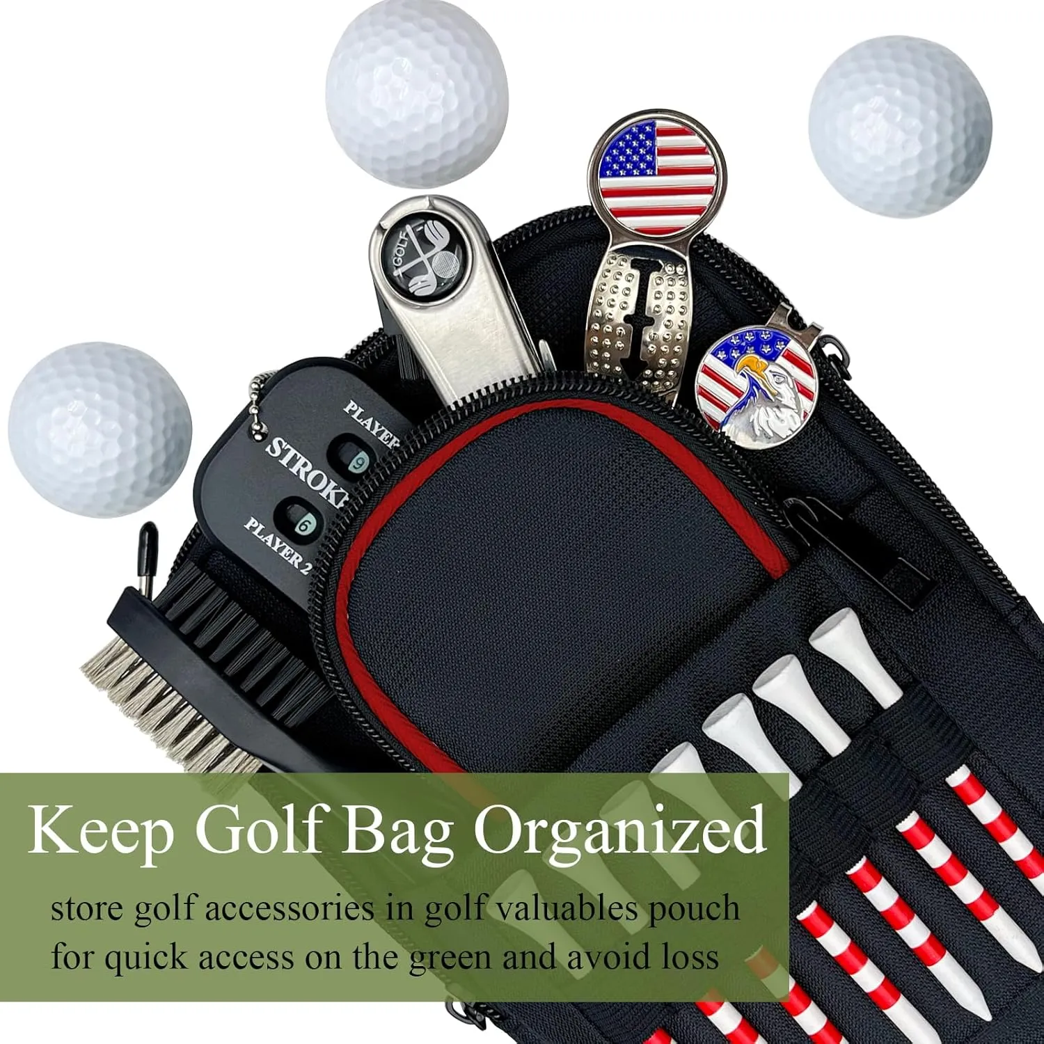 Golf Valuables Pouch - Golf Ball Bag Pouch, Utility Golfer Portable Organizer, Large Golf Accessories Pouch for Gadgets, Like Golf Balls, Tees, Ball Market - Golf Gift for Men and Women (Red Edge)