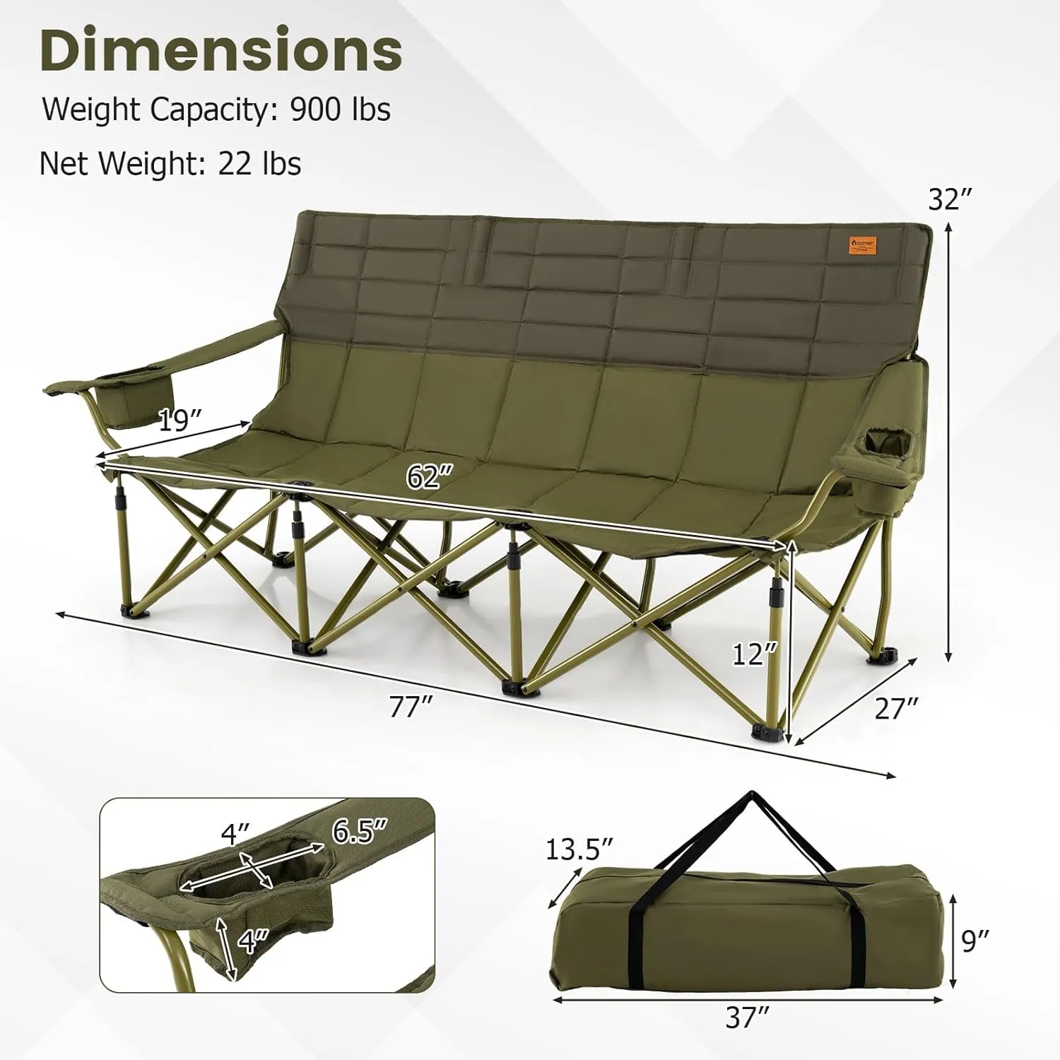 Goplus 3 Person Camping Chair for Adults, Low Outdoor Folding Oversized Couch Chair w/Cup Holders & Thick Padding, Heavy-Duty Lawn Chair for Beach Picnic Travel, Supports 900 LBS (3-Person Seat)