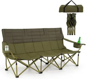 Goplus 3 Person Camping Chair for Adults, Low Outdoor Folding Oversized Couch Chair w/Cup Holders & Thick Padding, Heavy-Duty Lawn Chair for Beach Picnic Travel, Supports 900 LBS (3-Person Seat)