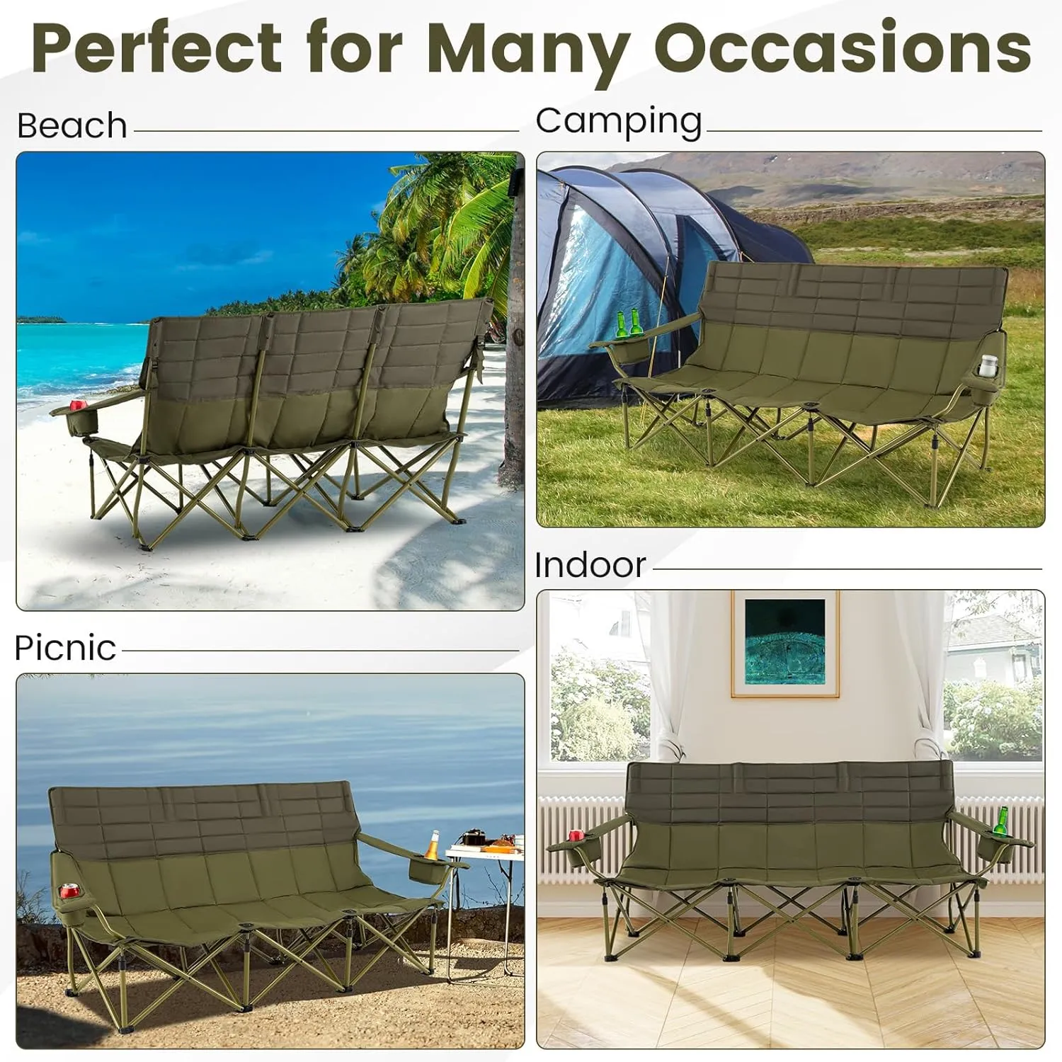 Goplus 3 Person Camping Chair for Adults, Low Outdoor Folding Oversized Couch Chair w/Cup Holders & Thick Padding, Heavy-Duty Lawn Chair for Beach Picnic Travel, Supports 900 LBS (3-Person Seat)