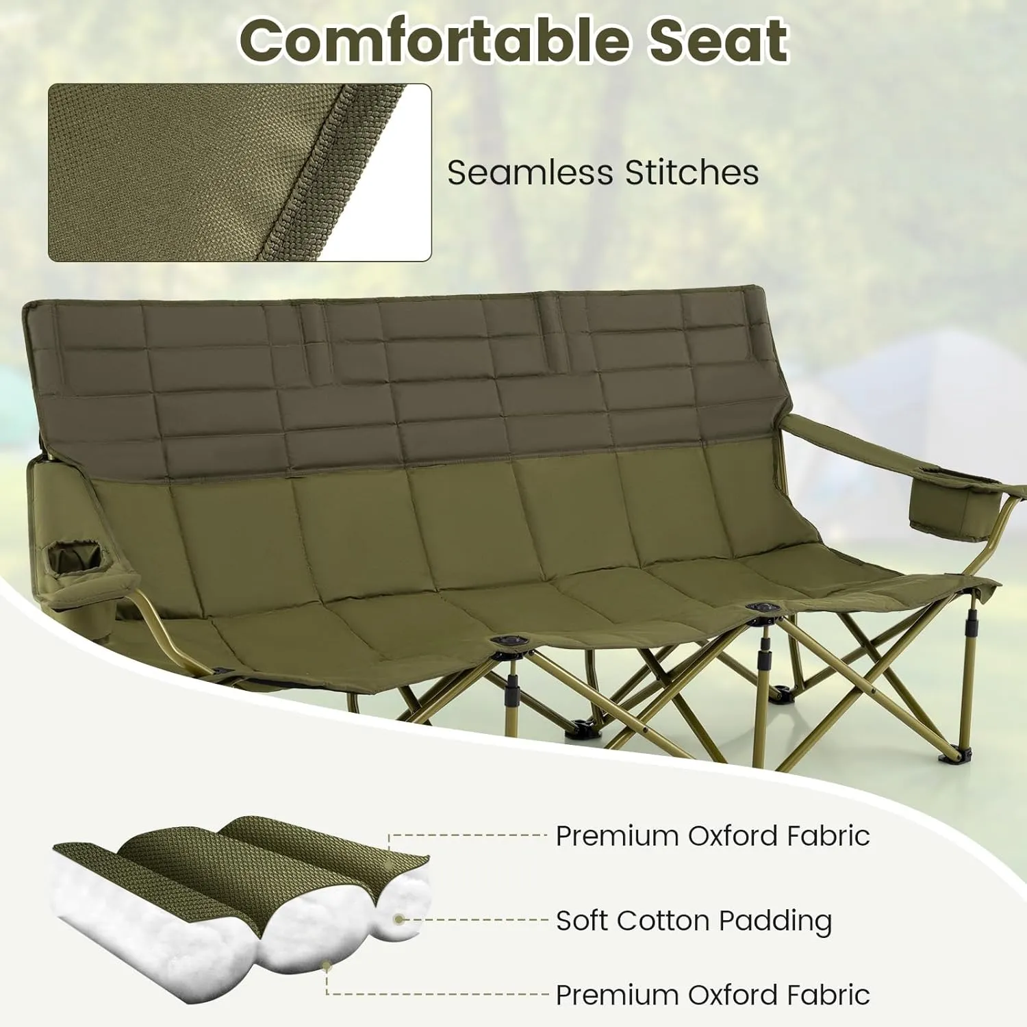 Goplus 3 Person Camping Chair for Adults, Low Outdoor Folding Oversized Couch Chair w/Cup Holders & Thick Padding, Heavy-Duty Lawn Chair for Beach Picnic Travel, Supports 900 LBS (3-Person Seat)