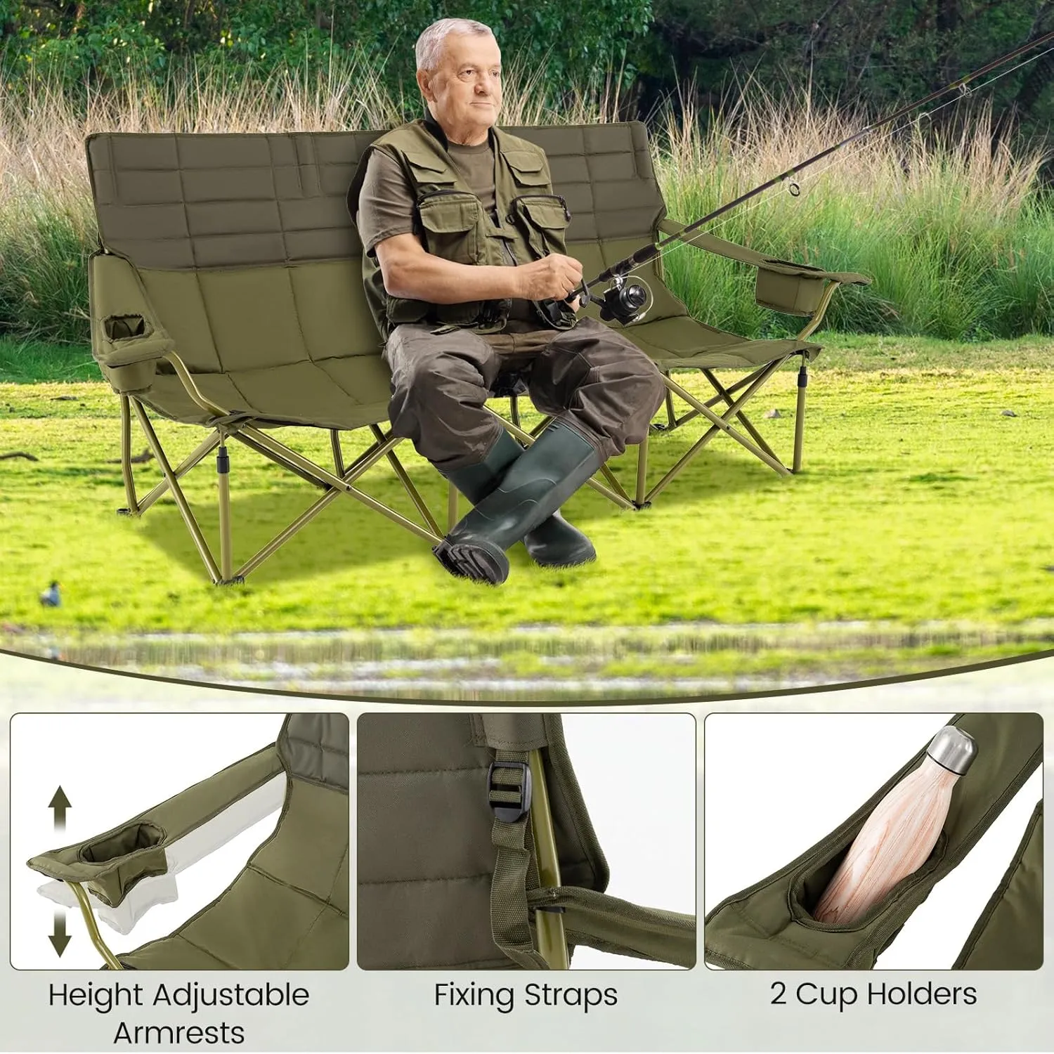 Goplus 3 Person Camping Chair for Adults, Low Outdoor Folding Oversized Couch Chair w/Cup Holders & Thick Padding, Heavy-Duty Lawn Chair for Beach Picnic Travel, Supports 900 LBS (3-Person Seat)