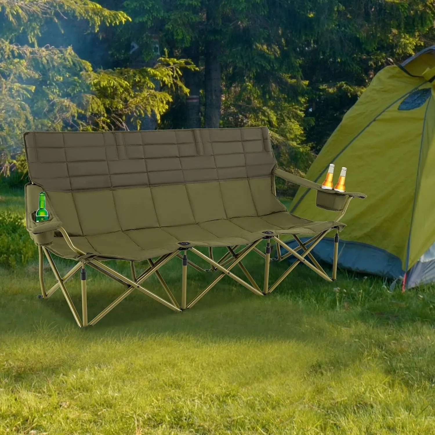 Goplus 3 Person Camping Chair for Adults, Low Outdoor Folding Oversized Couch Chair w/Cup Holders & Thick Padding, Heavy-Duty Lawn Chair for Beach Picnic Travel, Supports 900 LBS (3-Person Seat)