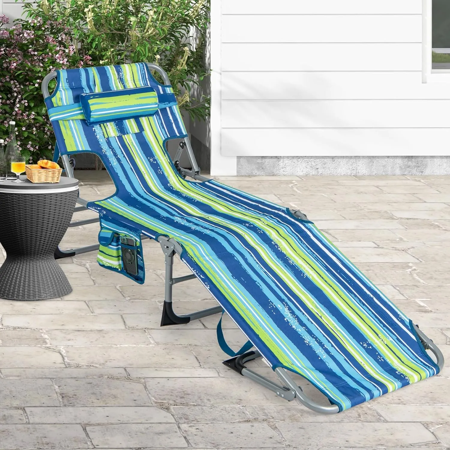 Goplus Tanning Chair, Folding Adjustable Patio Lounge Chair with Face Hole, Removable Pillow, 330LBS, Carry Strap, Outdoor Sunbathing Chair, Lightweight Portable Beach Lounge Chair, No Assembly