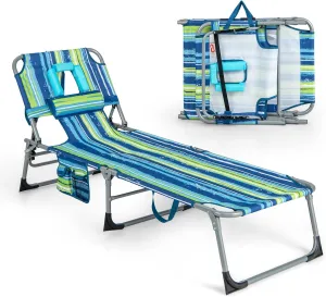 Goplus Tanning Chair, Folding Adjustable Patio Lounge Chair with Face Hole, Removable Pillow, 330LBS, Carry Strap, Outdoor Sunbathing Chair, Lightweight Portable Beach Lounge Chair, No Assembly