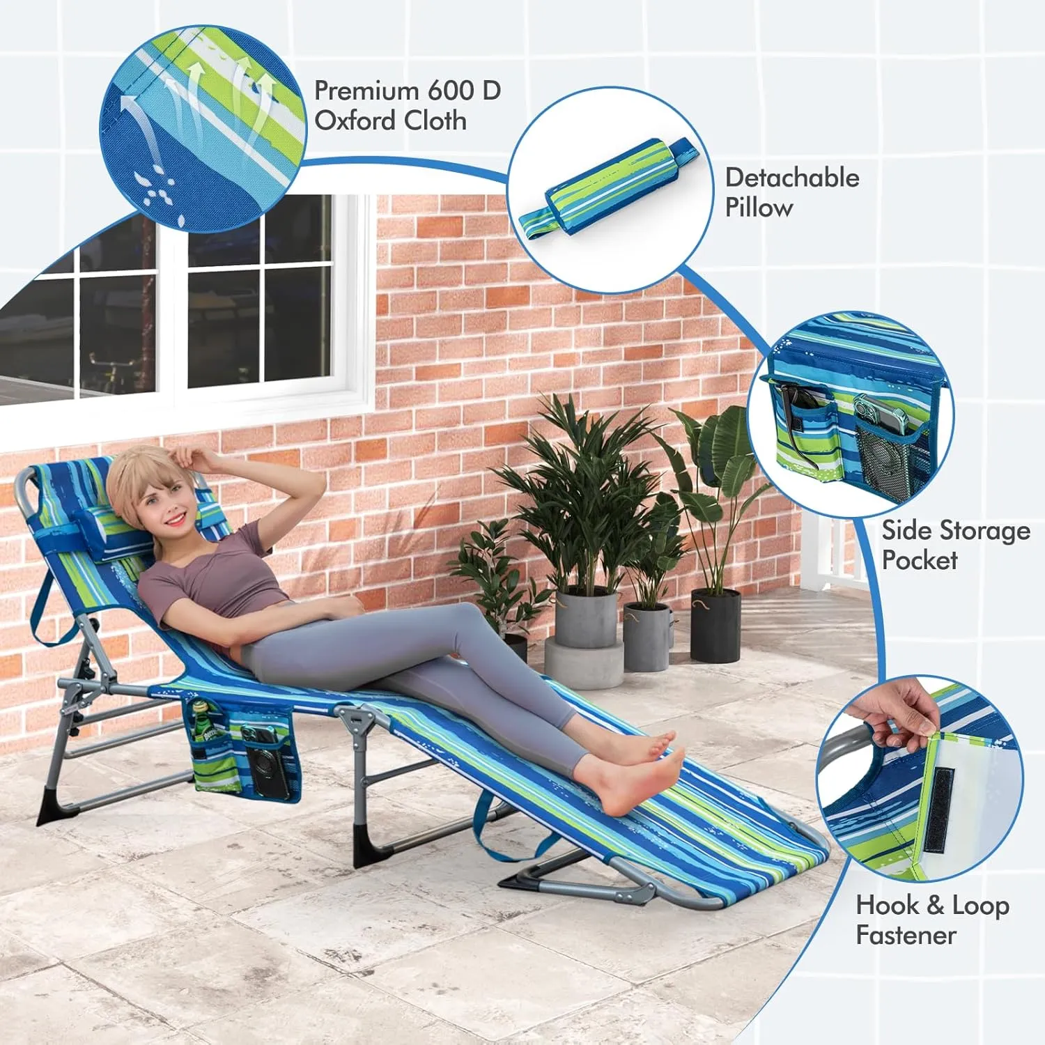 Goplus Tanning Chair, Folding Adjustable Patio Lounge Chair with Face Hole, Removable Pillow, 330LBS, Carry Strap, Outdoor Sunbathing Chair, Lightweight Portable Beach Lounge Chair, No Assembly