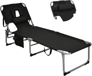 Goplus Tanning Chair, Folding Beach Lounge Chair with Face &Arm Hole, 5-Position Adjustable,Removable Pillow,Side Pocket, Sunbathing Chair, Portable Outdoor Lounge Chair for Patio Pool Lawn (1, Black)