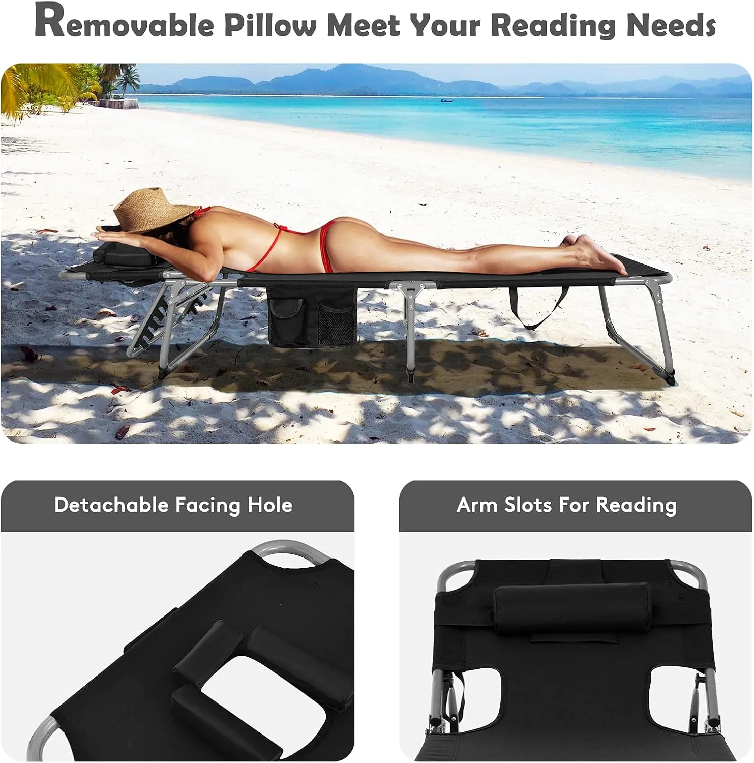 Goplus Tanning Chair, Folding Beach Lounge Chair with Face &Arm Hole, 5-Position Adjustable,Removable Pillow,Side Pocket, Sunbathing Chair, Portable Outdoor Lounge Chair for Patio Pool Lawn (1, Black)