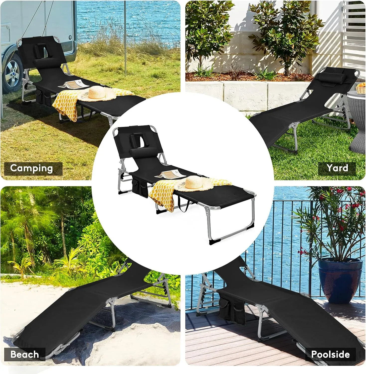 Goplus Tanning Chair, Folding Beach Lounge Chair with Face &Arm Hole, 5-Position Adjustable,Removable Pillow,Side Pocket, Sunbathing Chair, Portable Outdoor Lounge Chair for Patio Pool Lawn (1, Black)