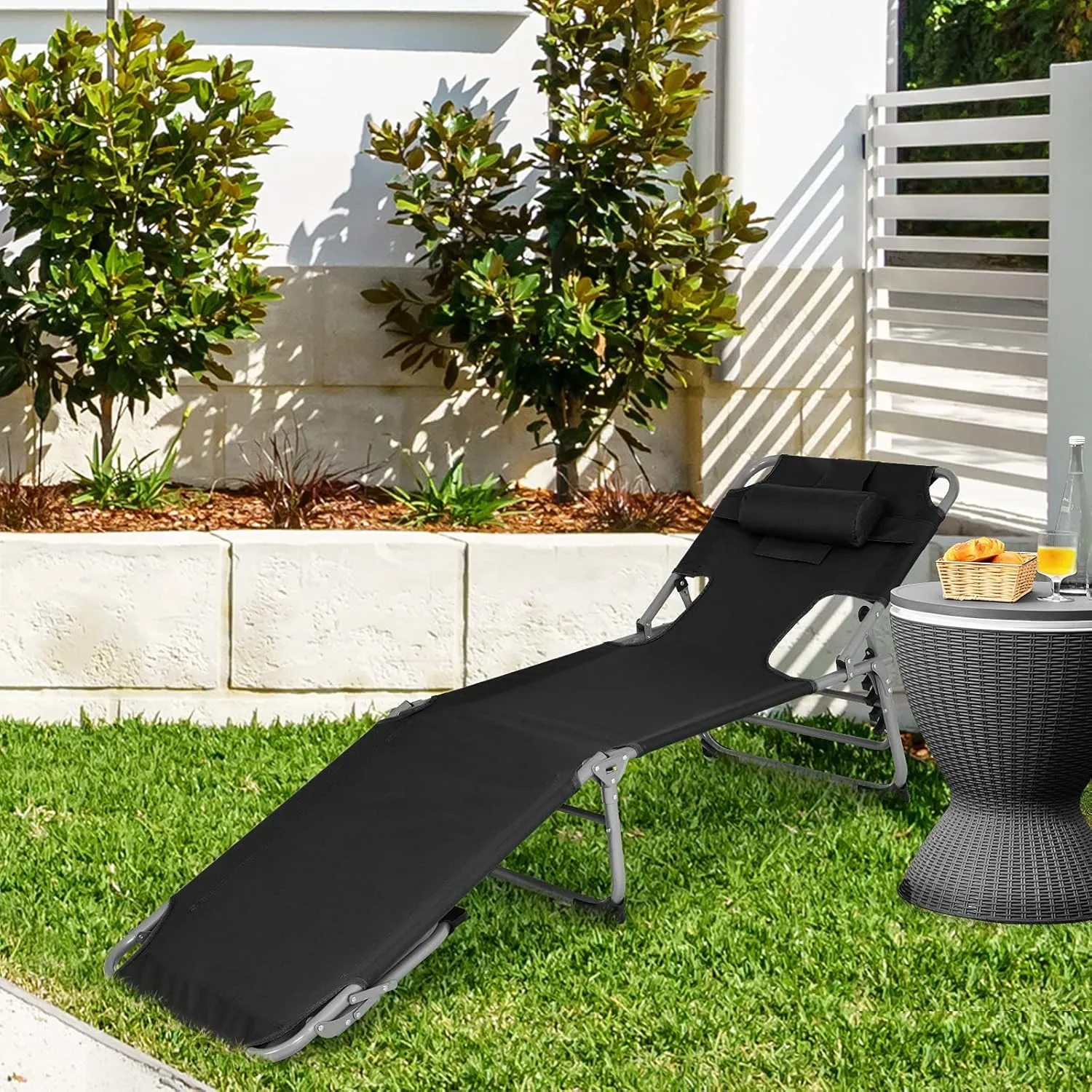 Goplus Tanning Chair, Folding Beach Lounge Chair with Face &Arm Hole, 5-Position Adjustable,Removable Pillow,Side Pocket, Sunbathing Chair, Portable Outdoor Lounge Chair for Patio Pool Lawn (1, Black)