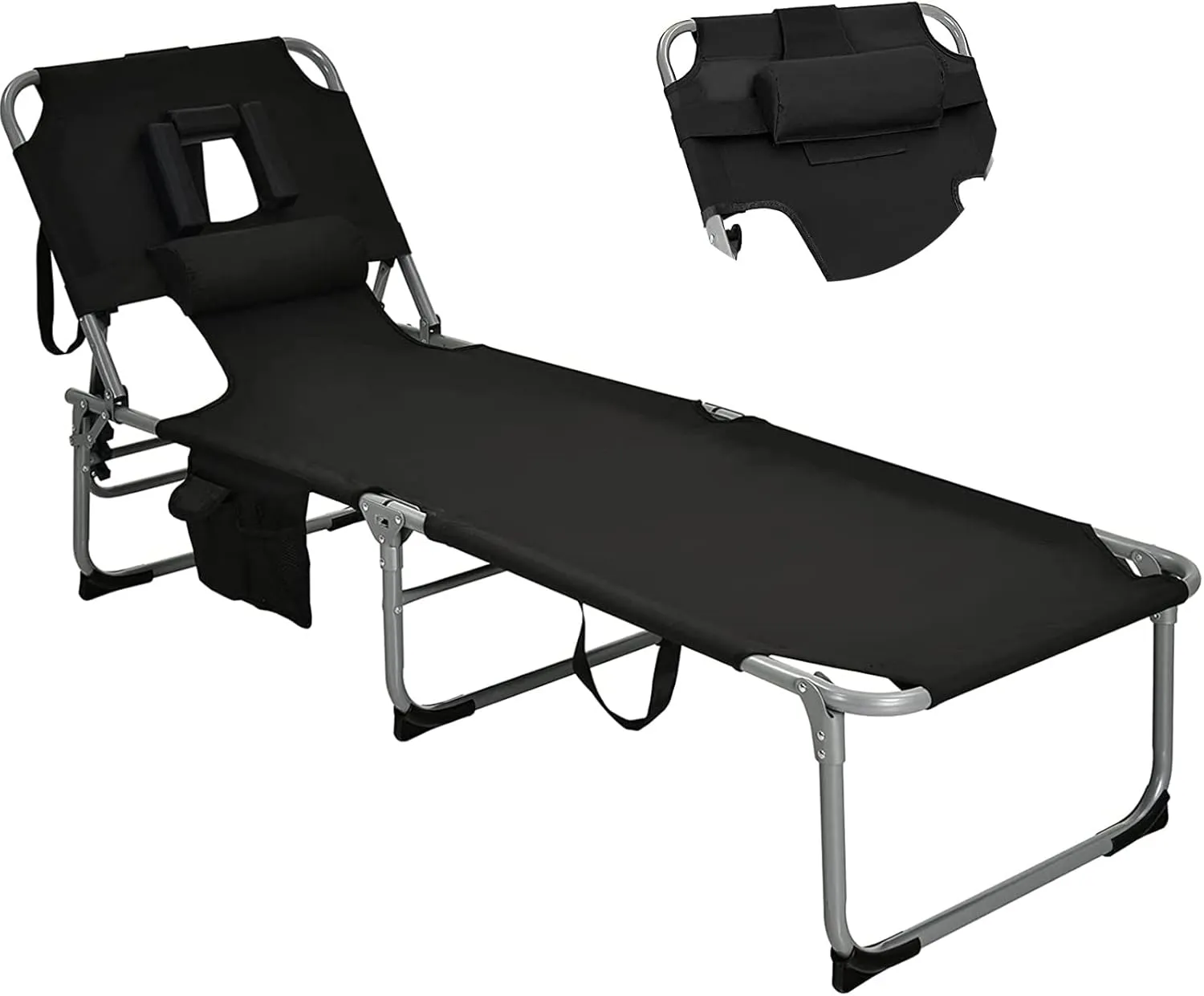 Goplus Tanning Chair, Folding Beach Lounge Chair with Face &Arm Hole, 5-Position Adjustable,Removable Pillow,Side Pocket, Sunbathing Chair, Portable Outdoor Lounge Chair for Patio Pool Lawn (1, Black)